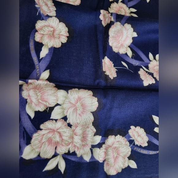 Pierre Balmain Floral Navy Cotton Scarf Handkerchief - Picture 3 of 4
